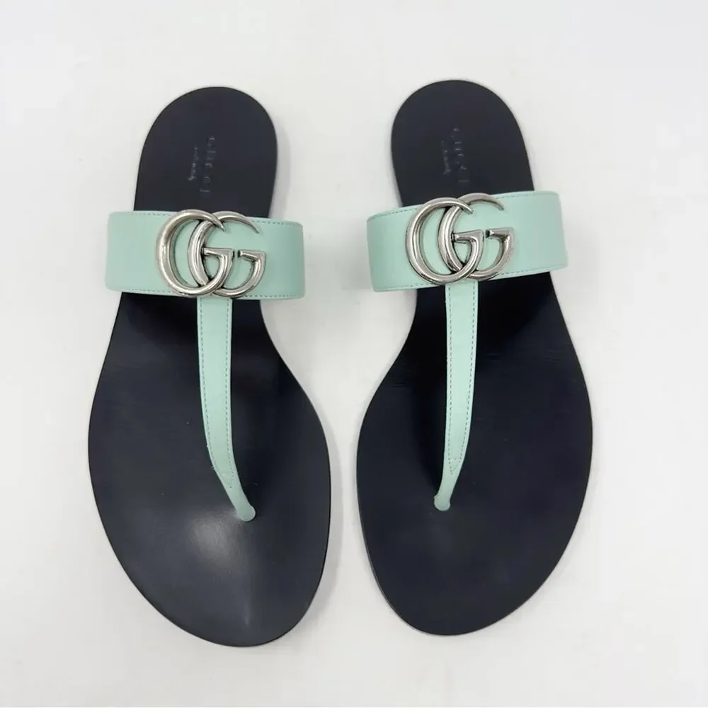 Gucci GG Marmont Mint Green Leather Flat Thong Sandals Womens Size EU 39